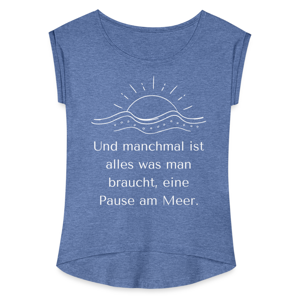 Frauen T-Shirt mit gerollten Ärmeln - Pause am Meer - Denim meliert
