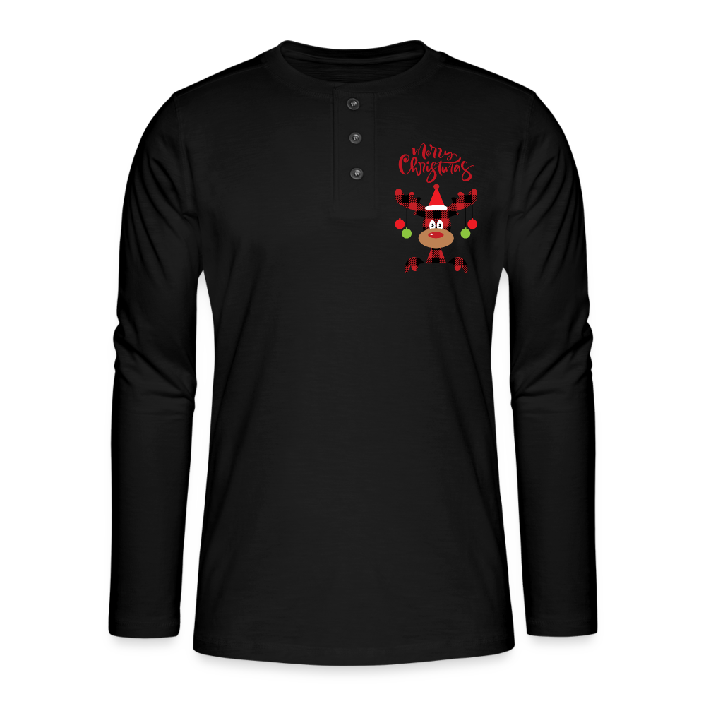 Henley Langarmshirt - Karo Rentier - Schwarz