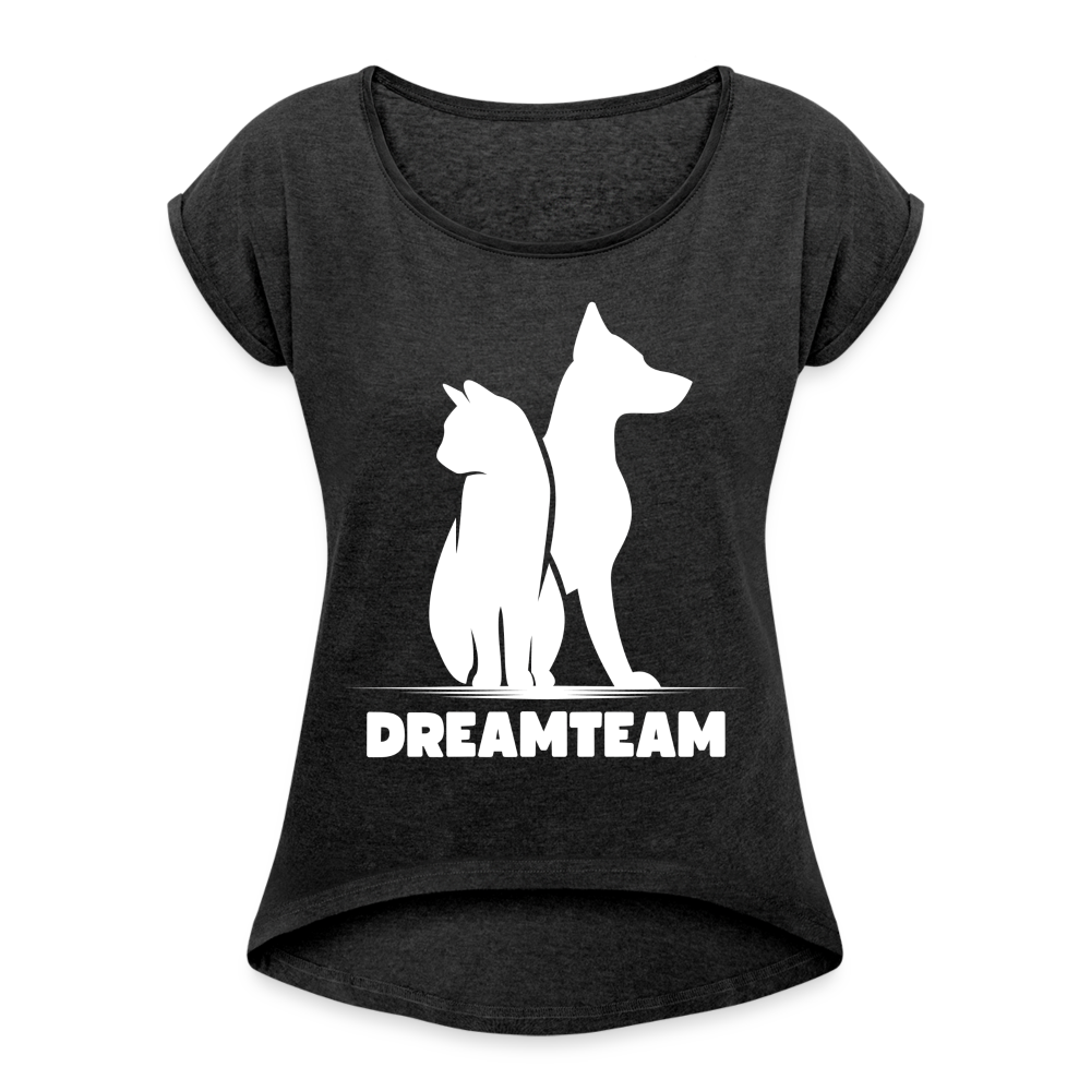 Frauen T-Shirt mit gerollten Ärmeln - Dreamteam II - Schwarz meliert