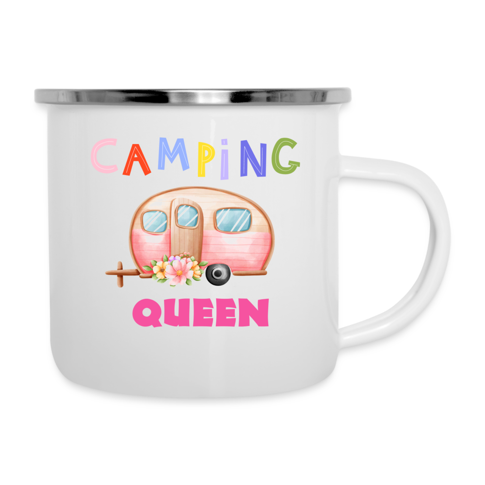 Emaille-Tasse - Camping Queen - weiß
