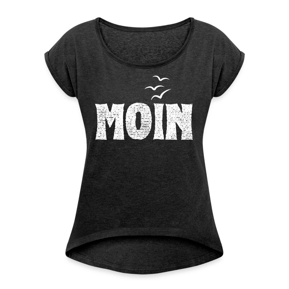 Frauen T-Shirt mit gerollten Ärmeln - Moin (white) - Schwarz meliert