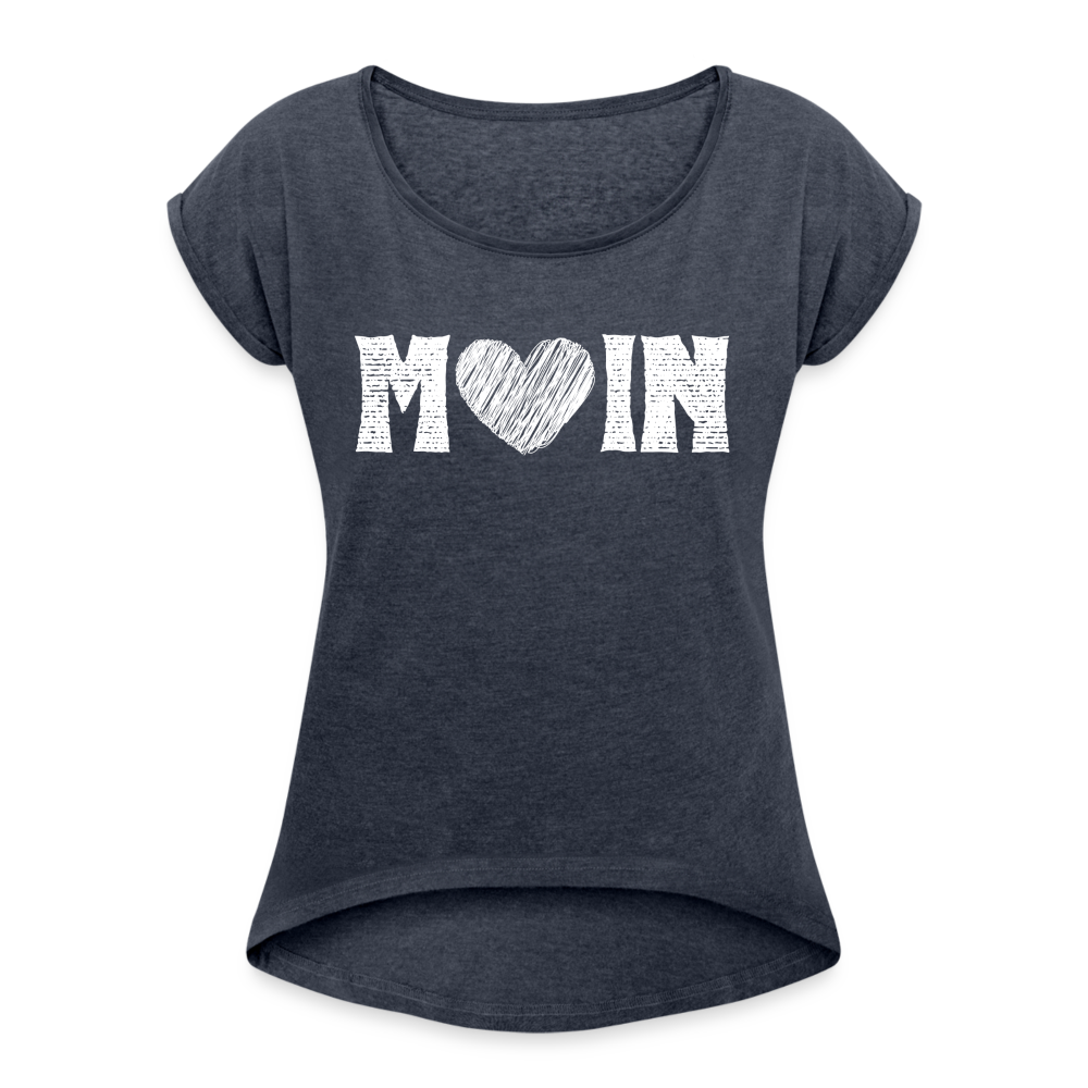 Frauen T-Shirt mit gerollten Ärmeln - Moin Herz (white) - Navy meliert