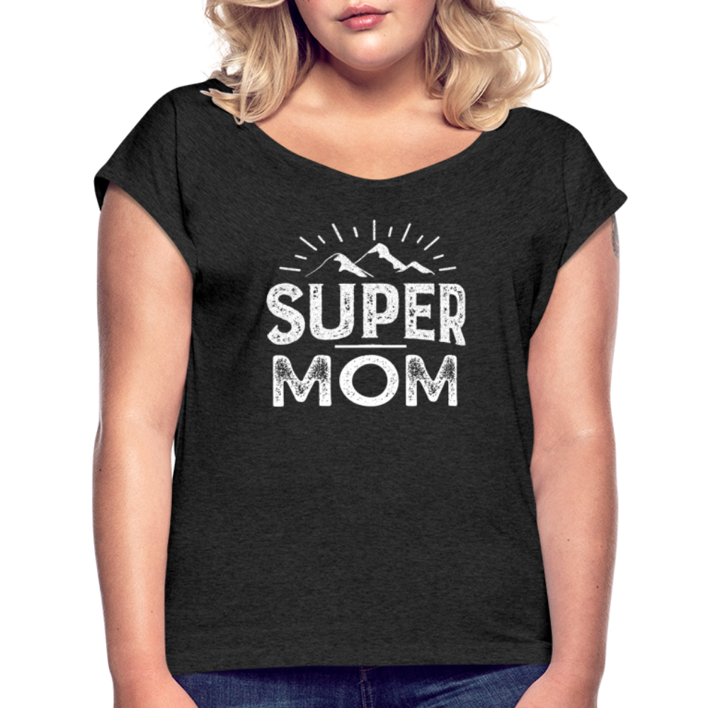 Frauen T-Shirt mit gerollten Ärmeln - Super Mom - Schwarz meliert