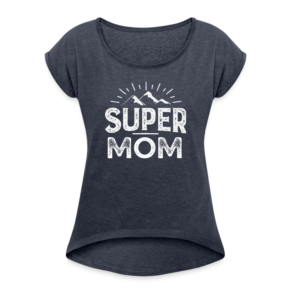 Frauen T-Shirt mit gerollten Ärmeln - Super Mom - Navy meliert