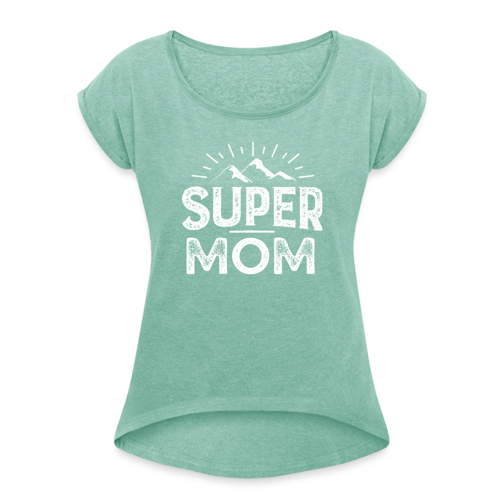 Frauen T-Shirt mit gerollten Ärmeln - Super Mom - Minze meliert