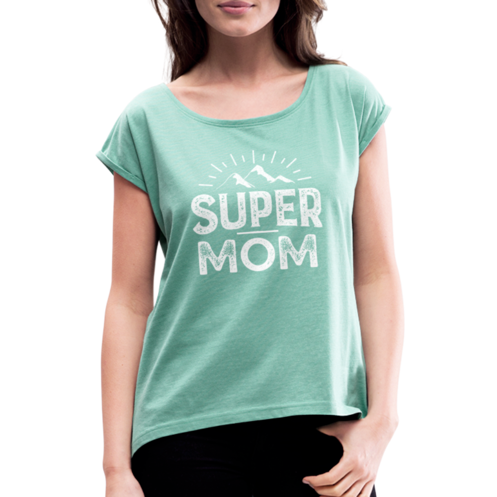 Frauen T-Shirt mit gerollten Ärmeln - Super Mom - Minze meliert