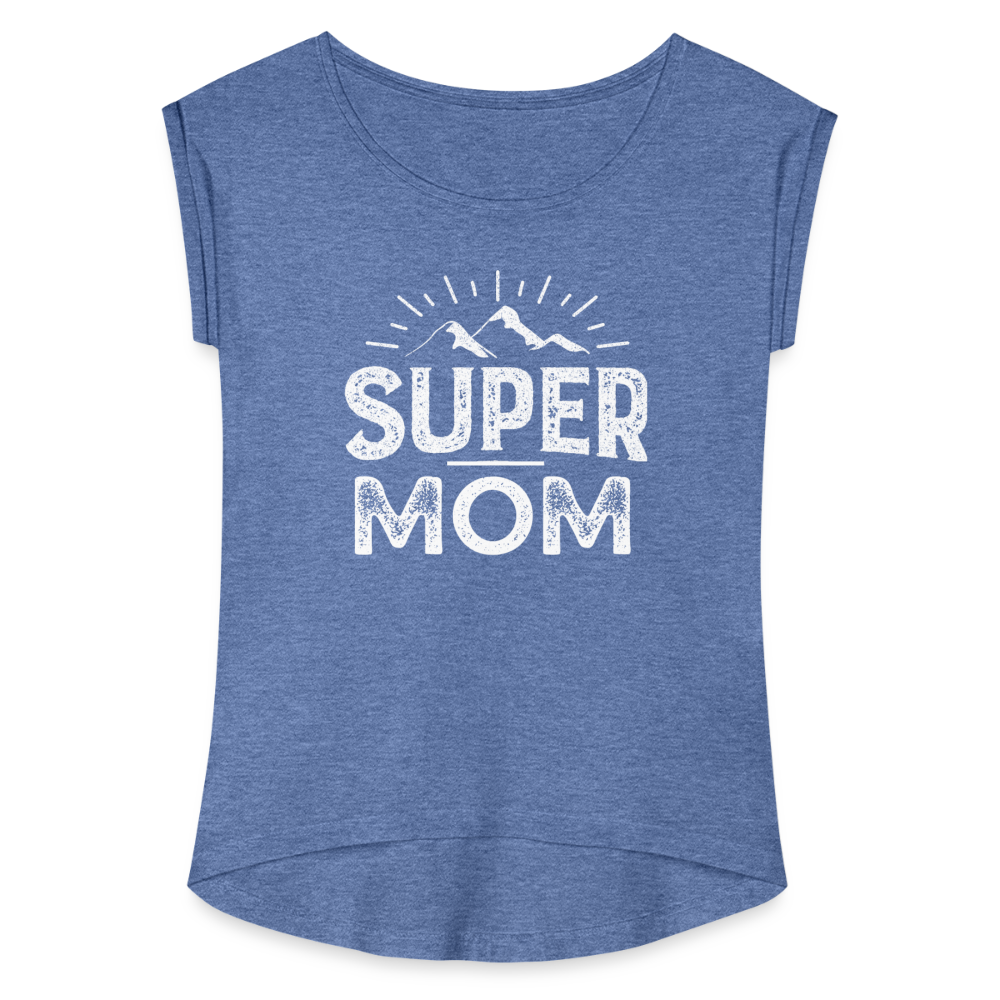 Frauen T-Shirt mit gerollten Ärmeln - Super Mom - Denim meliert