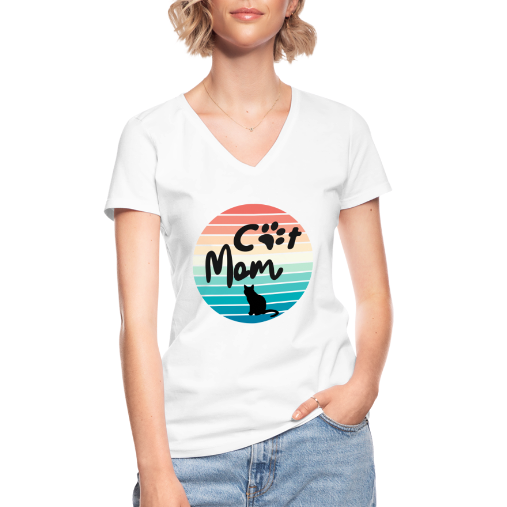 Klassisches Frauen-T-Shirt mit V-Ausschnitt - Cat Mom - weiß