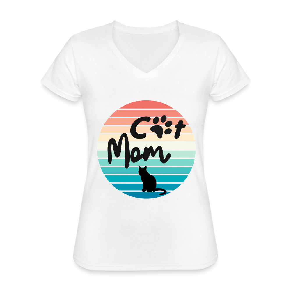 Klassisches Frauen-T-Shirt mit V-Ausschnitt - Cat Mom - weiß