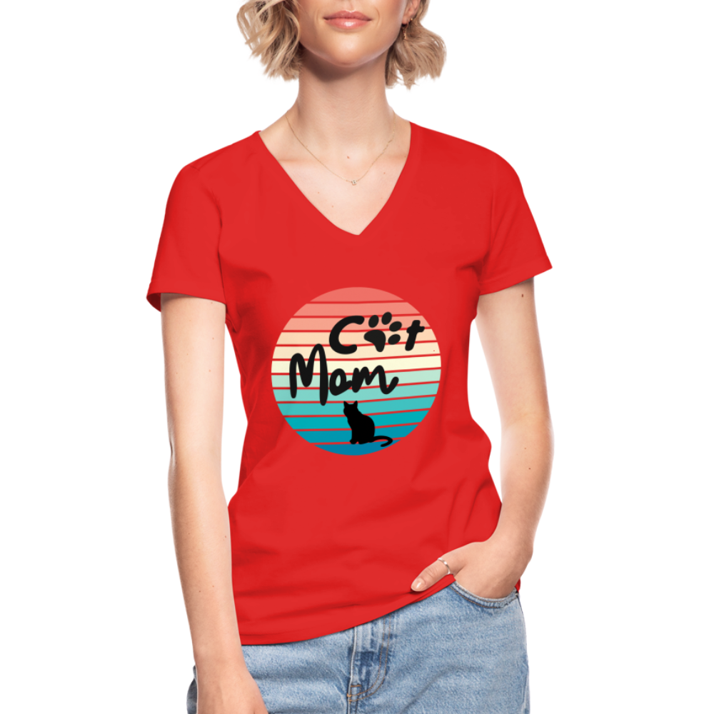Klassisches Frauen-T-Shirt mit V-Ausschnitt - Cat Mom - Rot