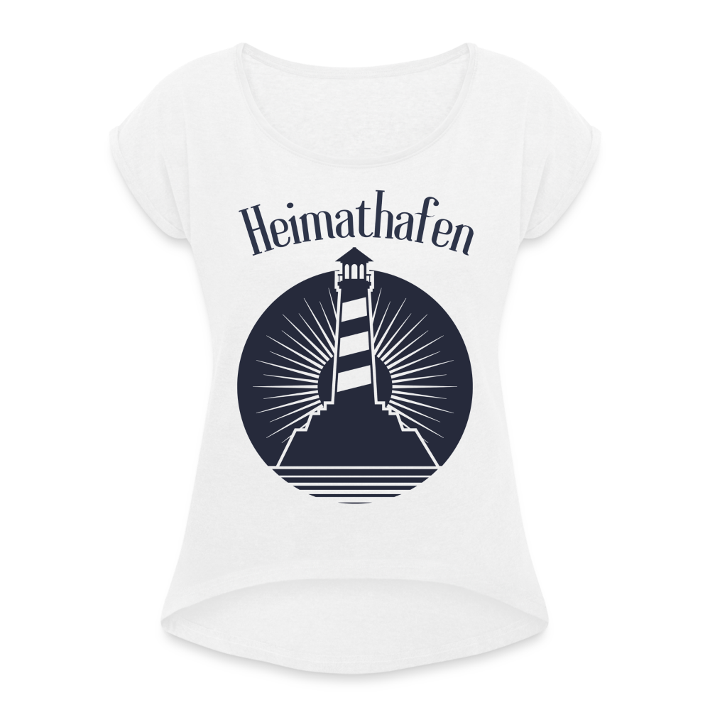 Frauen T-Shirt mit gerollten Ärmeln - Heimathafen Leuchtturm - weiß