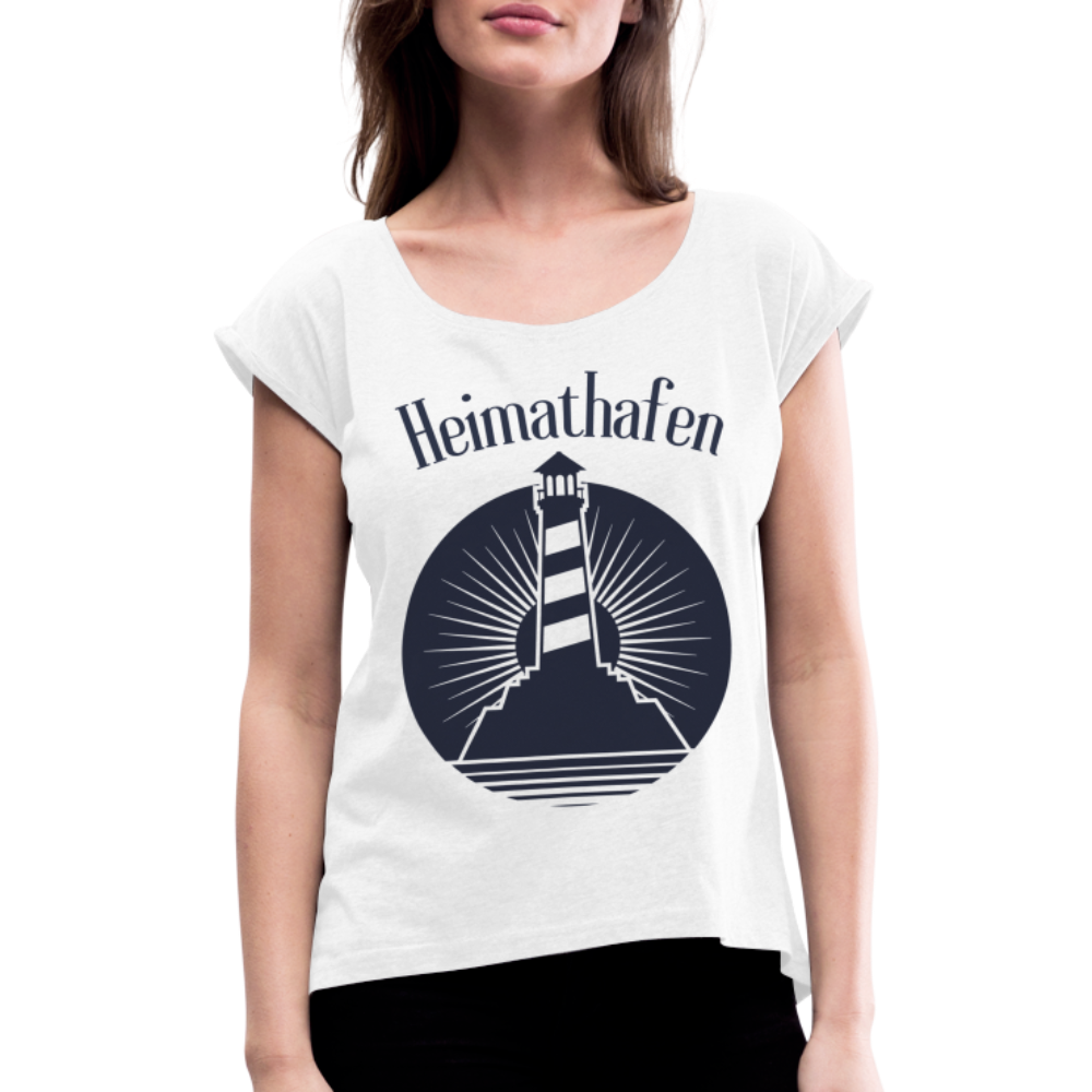 Frauen T-Shirt mit gerollten Ärmeln - Heimathafen Leuchtturm - weiß