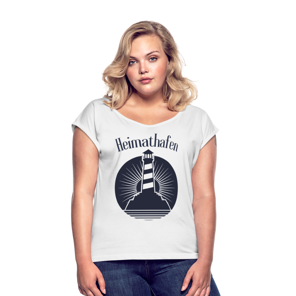 Frauen T-Shirt mit gerollten Ärmeln - Heimathafen Leuchtturm - weiß