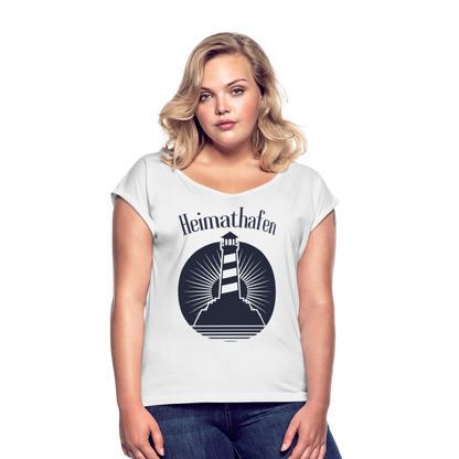 Frauen T-Shirt mit gerollten Ärmeln - Heimathafen Leuchtturm - weiß