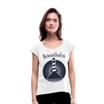 Frauen T-Shirt mit gerollten Ärmeln - Heimathafen Leuchtturm - weiß