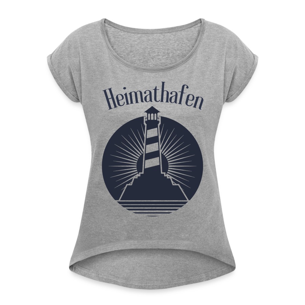 Frauen T-Shirt mit gerollten Ärmeln - Heimathafen Leuchtturm - Grau meliert