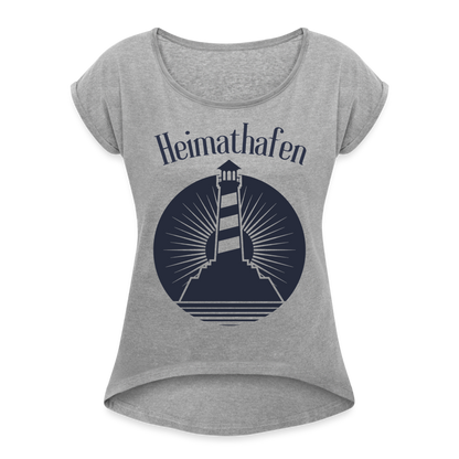 Frauen T-Shirt mit gerollten Ärmeln - Heimathafen Leuchtturm - Grau meliert