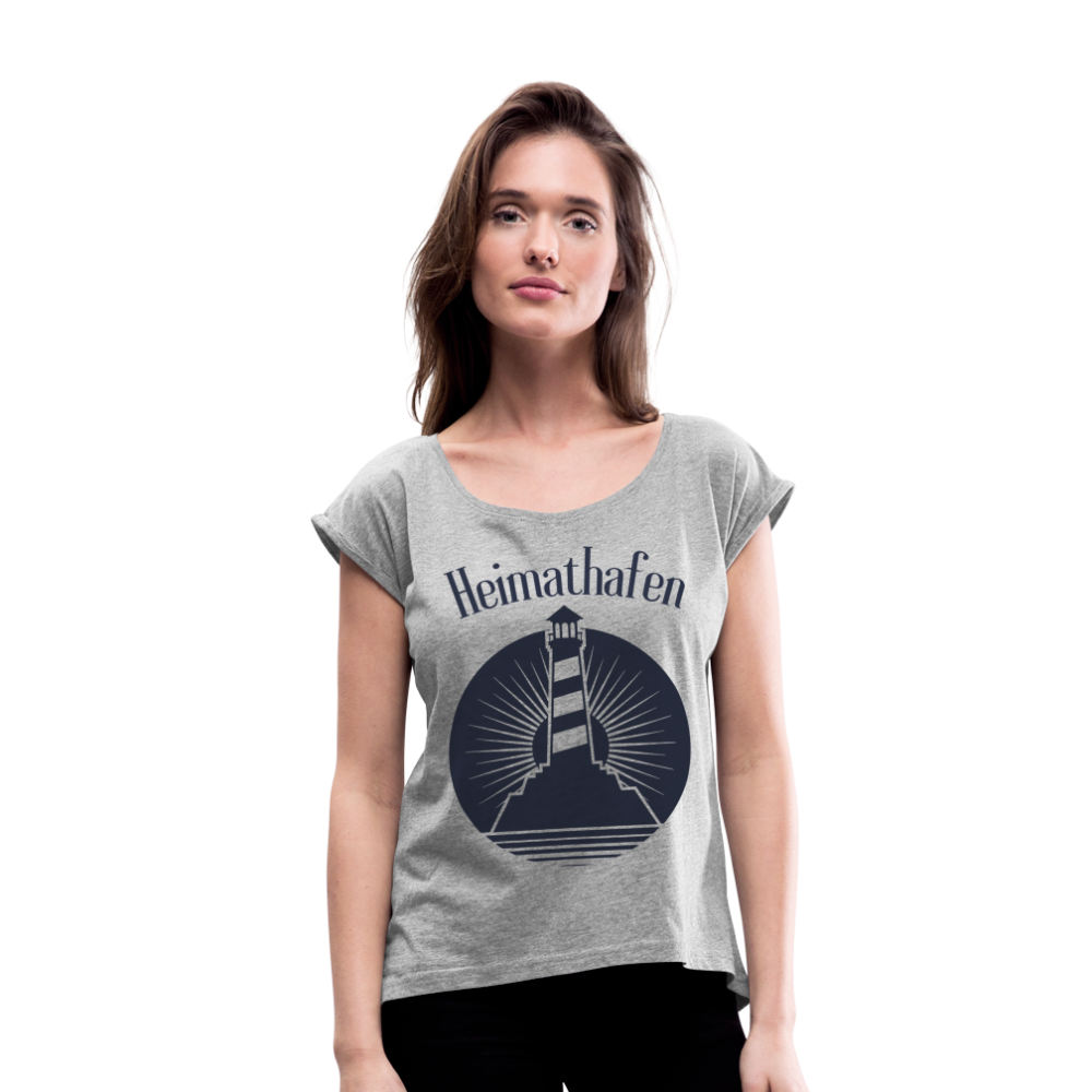 Frauen T-Shirt mit gerollten Ärmeln - Heimathafen Leuchtturm - Grau meliert