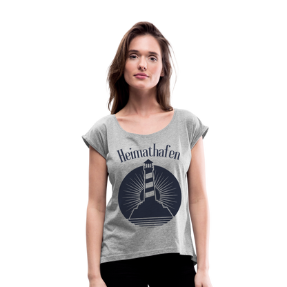 Frauen T-Shirt mit gerollten Ärmeln - Heimathafen Leuchtturm - Grau meliert