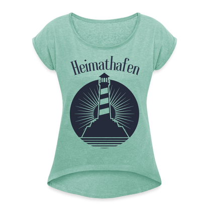 Frauen T-Shirt mit gerollten Ärmeln - Heimathafen Leuchtturm - Minze meliert