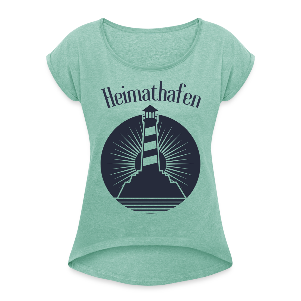 Frauen T-Shirt mit gerollten Ärmeln - Heimathafen Leuchtturm - Minze meliert