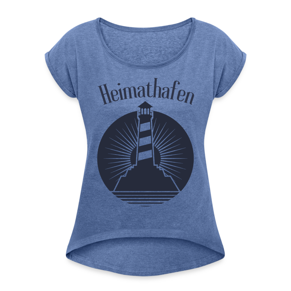 Frauen T-Shirt mit gerollten Ärmeln - Heimathafen Leuchtturm - Denim meliert