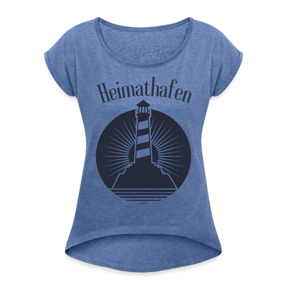 Frauen T-Shirt mit gerollten Ärmeln - Heimathafen Leuchtturm - Denim meliert