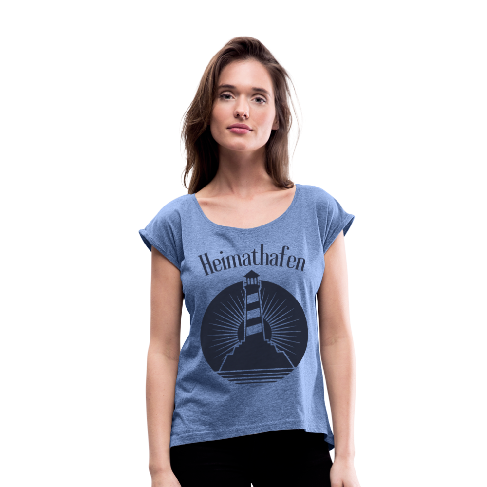 Frauen T-Shirt mit gerollten Ärmeln - Heimathafen Leuchtturm - Denim meliert