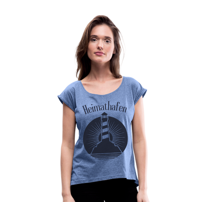 Frauen T-Shirt mit gerollten Ärmeln - Heimathafen Leuchtturm - Denim meliert