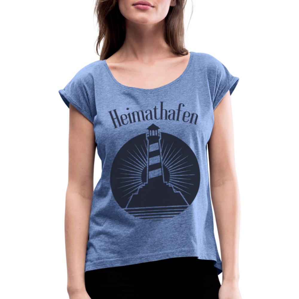 Frauen T-Shirt mit gerollten Ärmeln - Heimathafen Leuchtturm - Denim meliert