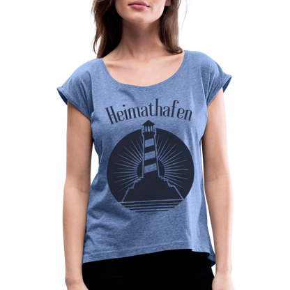 Frauen T-Shirt mit gerollten Ärmeln - Heimathafen Leuchtturm - Denim meliert