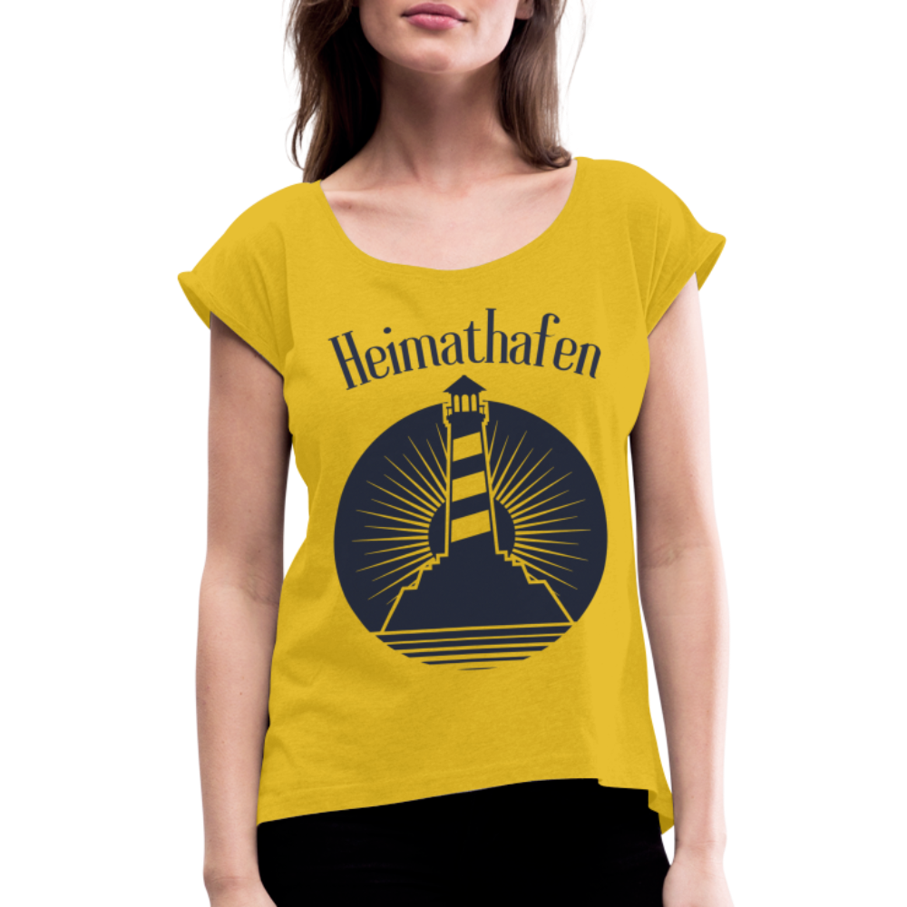 Frauen T-Shirt mit gerollten Ärmeln - Heimathafen Leuchtturm - Senfgelb