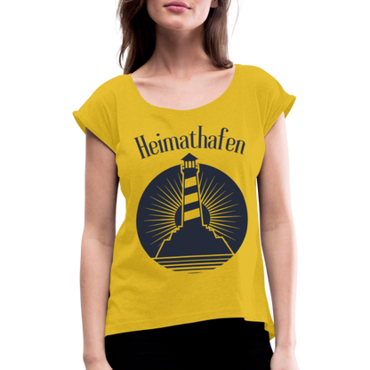 Frauen T-Shirt mit gerollten Ärmeln - Heimathafen Leuchtturm - Senfgelb