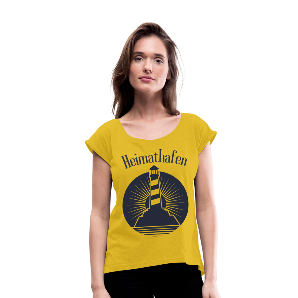 Frauen T-Shirt mit gerollten Ärmeln - Heimathafen Leuchtturm - Senfgelb