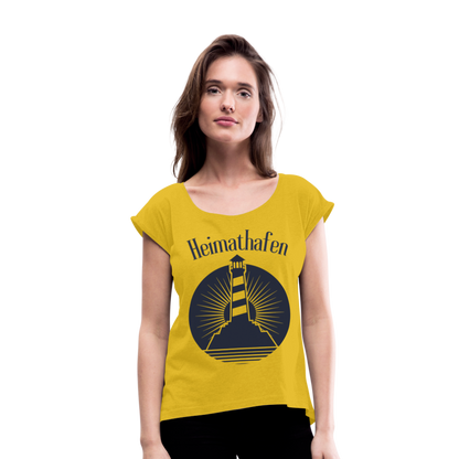 Frauen T-Shirt mit gerollten Ärmeln - Heimathafen Leuchtturm - Senfgelb