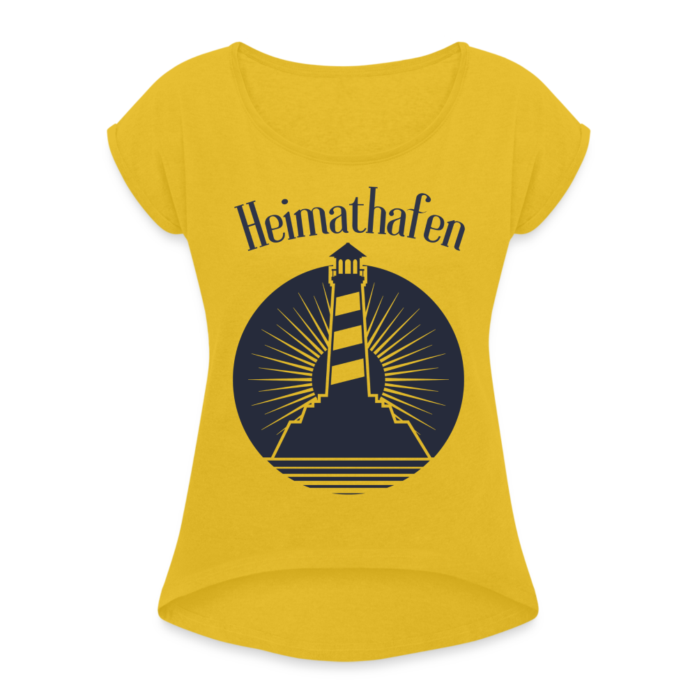 Frauen T-Shirt mit gerollten Ärmeln - Heimathafen Leuchtturm - Senfgelb