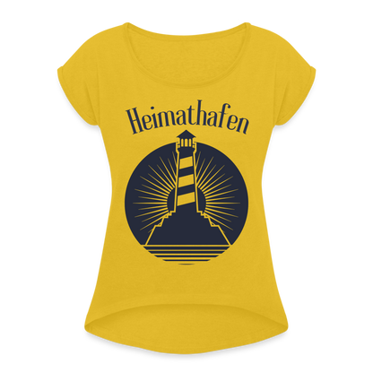 Frauen T-Shirt mit gerollten Ärmeln - Heimathafen Leuchtturm - Senfgelb