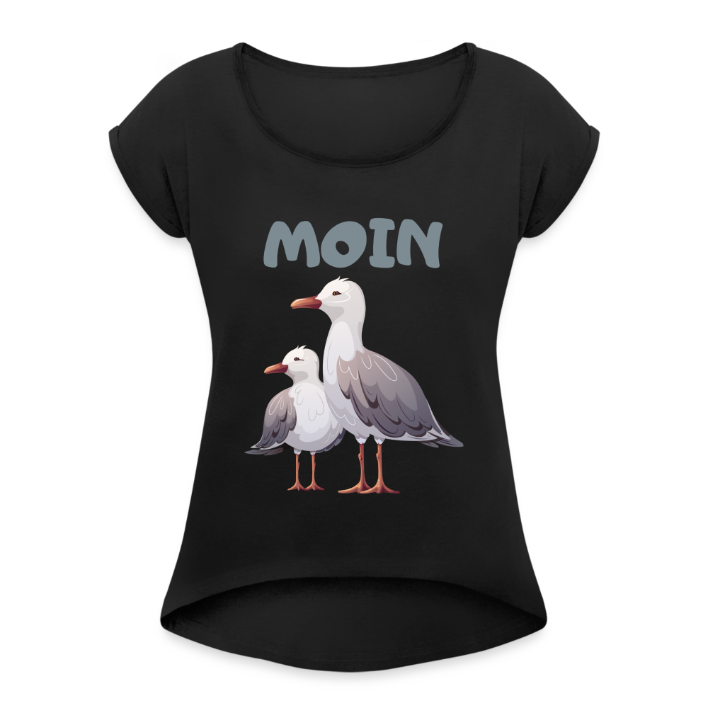 Frauen T-Shirt mit gerollten Ärmeln - Moin Möwen - Schwarz