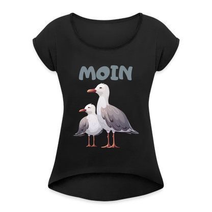 Frauen T-Shirt mit gerollten Ärmeln - Moin Möwen - Schwarz