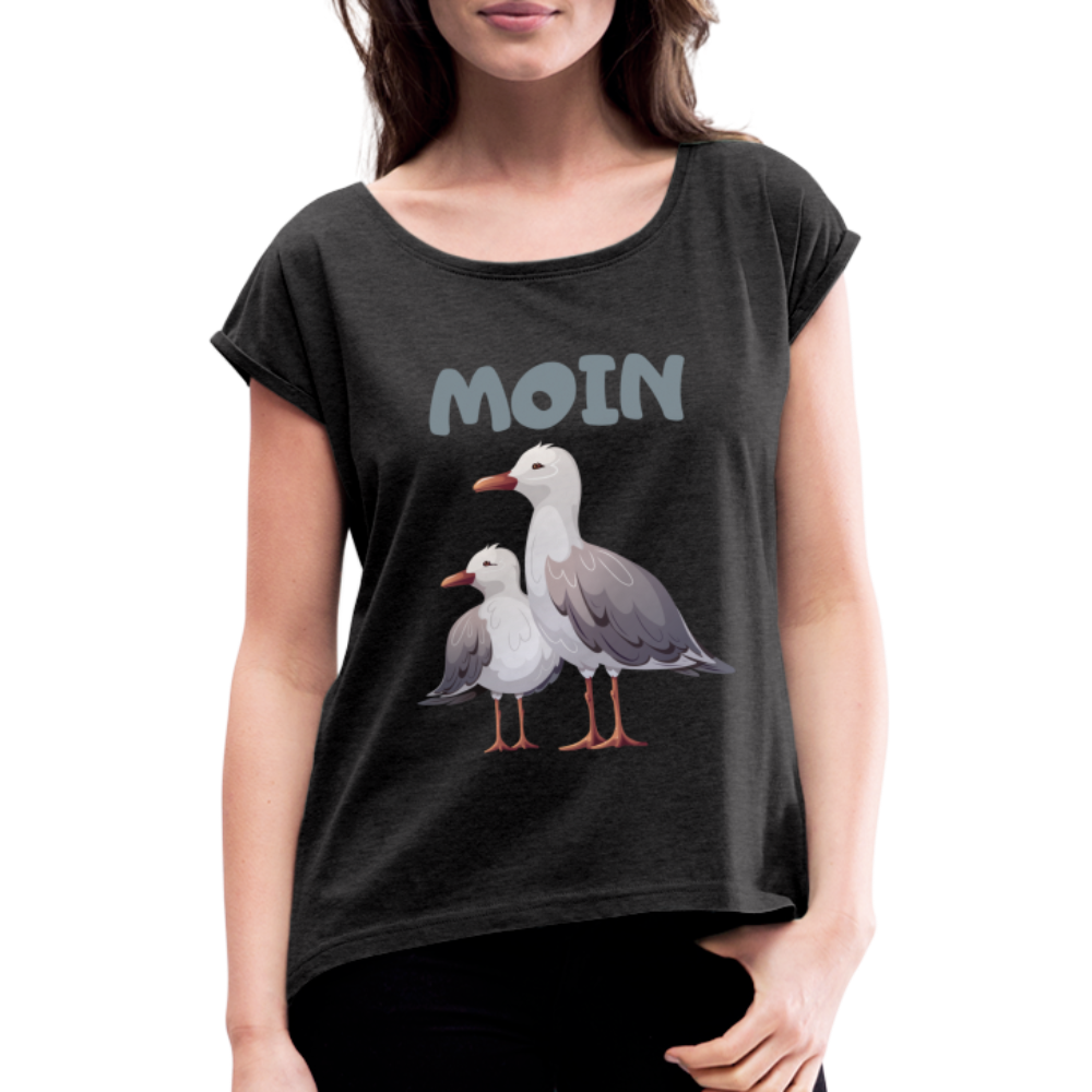 Frauen T-Shirt mit gerollten Ärmeln - Moin Möwen - Schwarz meliert