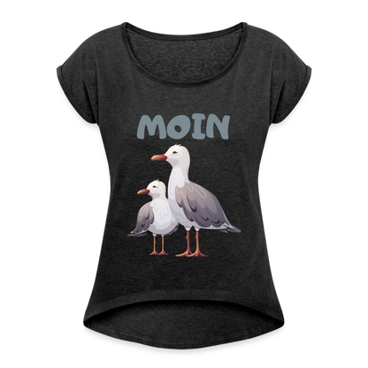 Frauen T-Shirt mit gerollten Ärmeln - Moin Möwen - Schwarz meliert