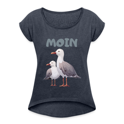 Frauen T-Shirt mit gerollten Ärmeln - Moin Möwen - Navy meliert