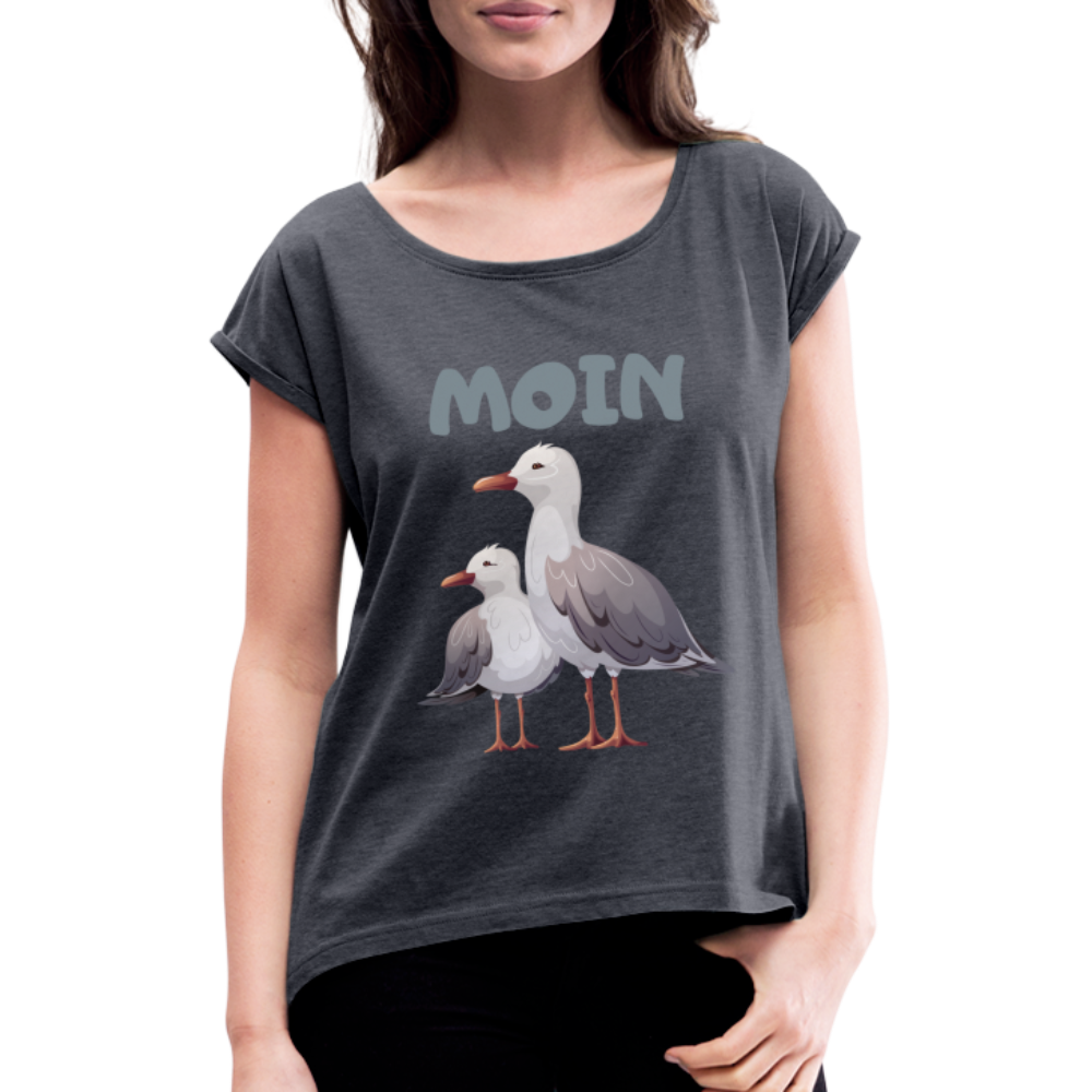 Frauen T-Shirt mit gerollten Ärmeln - Moin Möwen - Navy meliert