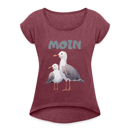 Frauen T-Shirt mit gerollten Ärmeln - Moin Möwen - Bordeauxrot meliert