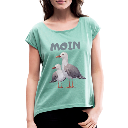 Frauen T-Shirt mit gerollten Ärmeln - Moin Möwen - Minze meliert