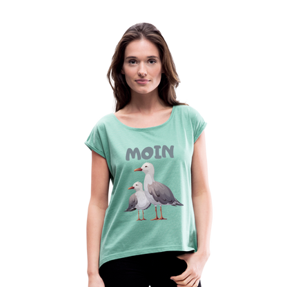 Frauen T-Shirt mit gerollten Ärmeln - Moin Möwen - Minze meliert