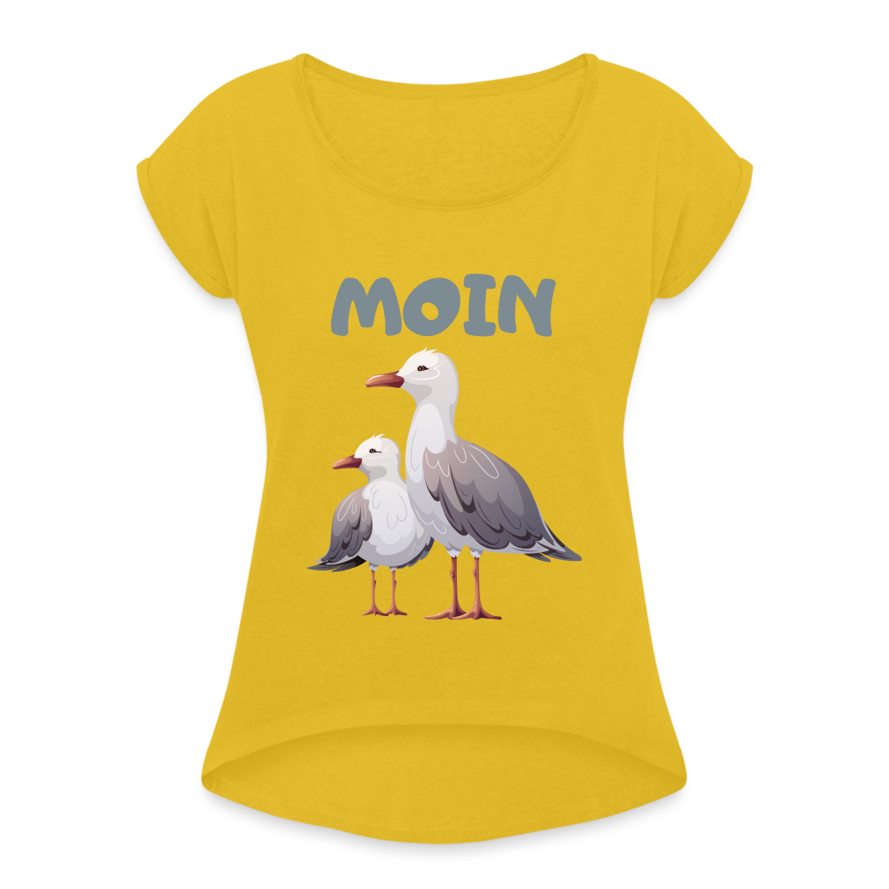 Frauen T-Shirt mit gerollten Ärmeln - Moin Möwen - Senfgelb