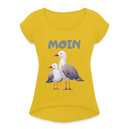 Frauen T-Shirt mit gerollten Ärmeln - Moin Möwen - Senfgelb