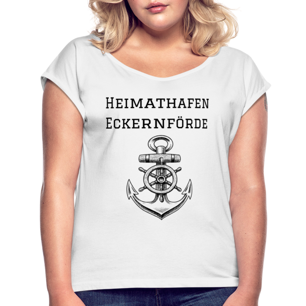 Frauen T-Shirt mit gerollten Ärmeln - Heimathafen Eckernförde - weiß