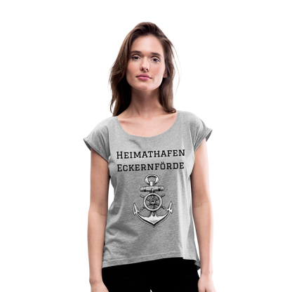 Frauen T-Shirt mit gerollten Ärmeln - Heimathafen Eckernförde - Grau meliert